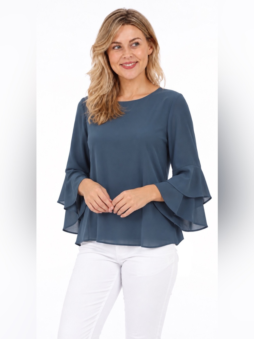 DKR Apparel Chiffon Blouse with Double Ruffle Sleeve-Denim Blue